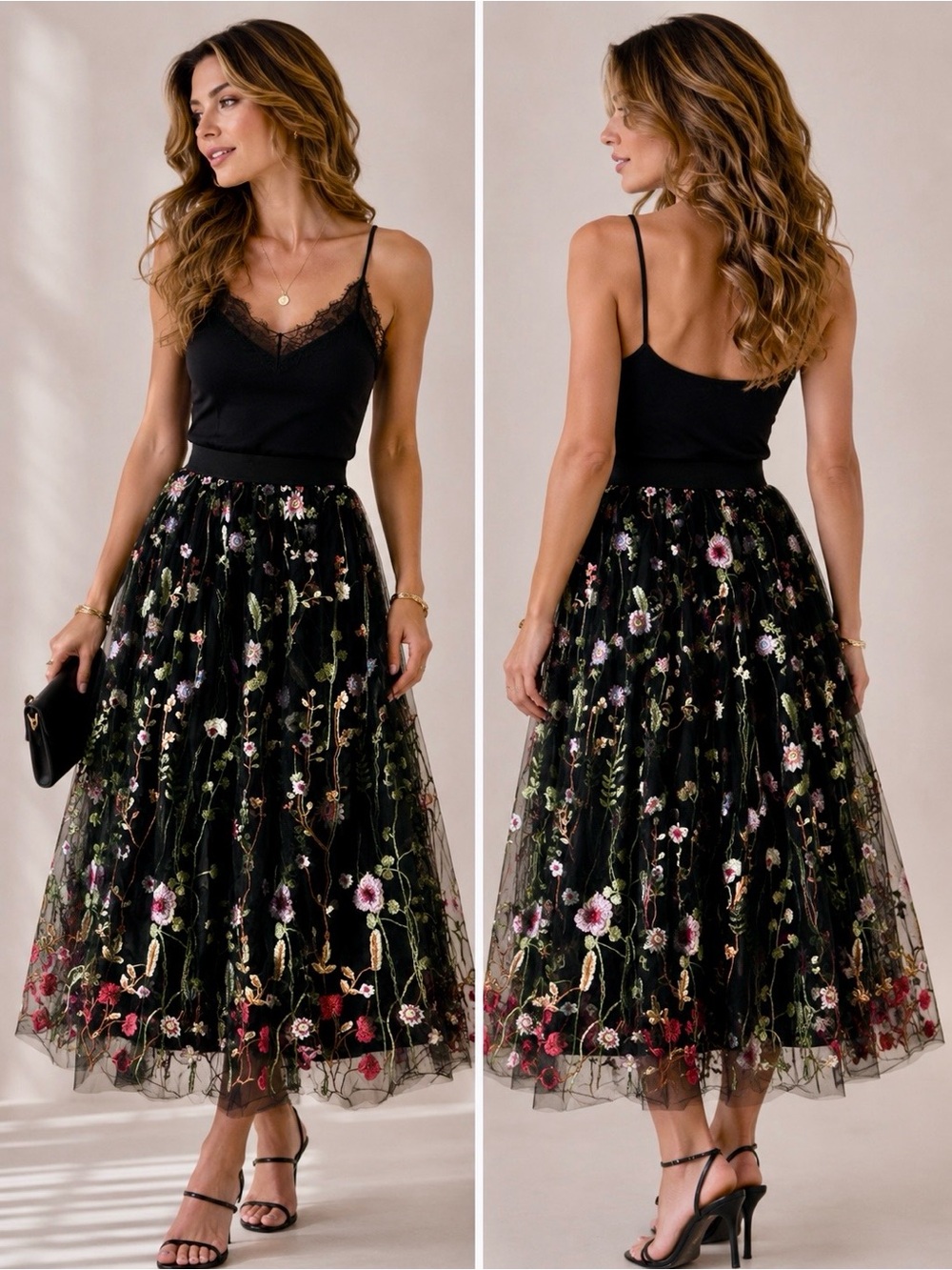 Black Tulle Midi Skirt with Multicolor Floral Embroidery
